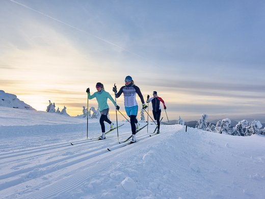 Wandern in Bodenmais: unsere Tipps Drei Frauen beim Langlaufen am Bretterschachten in Bodenmais - Wintersport nahe dem Welnesshotel Hofbräuhaus im Bayerischen Wald