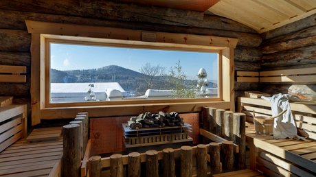 Sauna mit FKK: Urlaub im Bayerischen Wald Kelosauna aus echtem Keloholz mit Panoramafenster und Winterblick im Wellnesshotel Hofbräuhaus Bodenmais