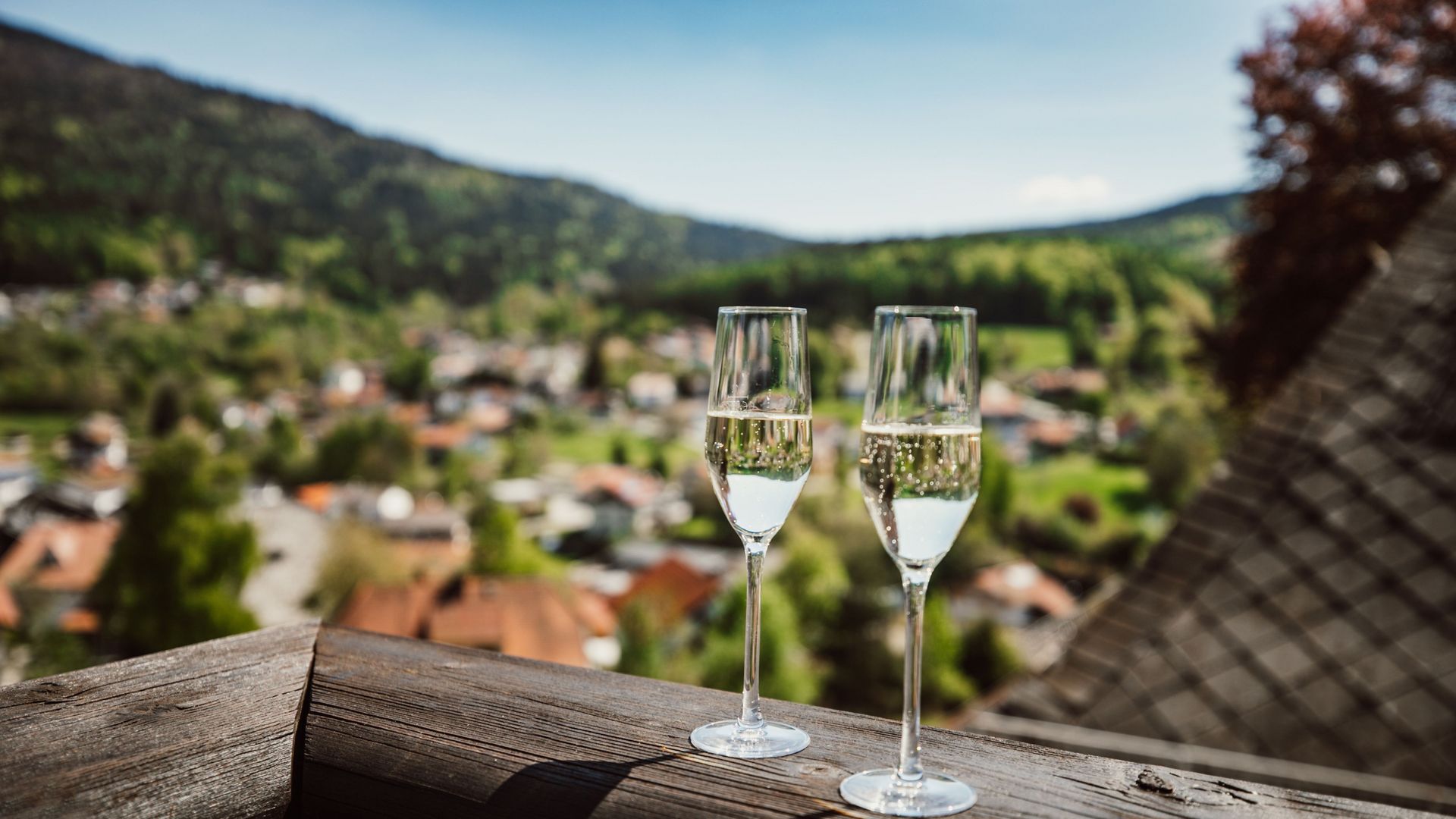 A spa holiday in the Bavarian Forest Zwei Sektgläser auf dem Balkon mit Panoramablick über Bodenmais und den Bayerischen Wald – Genussmoment im Wellnesshotel Hofbräuhaus