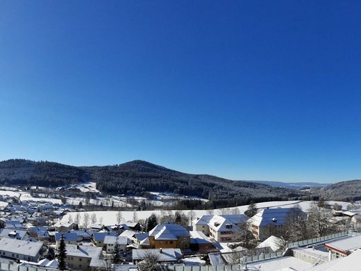 The best things to do around Bodenmais Panoramaaufnahme des verschneiten Ortes Bodenmais unter strahlend blauem Himmel. Die Sonne scheint hell am Himmel, rechts im Bild ist ein Teil des Hotel Hofbräuhauses zu sehen.