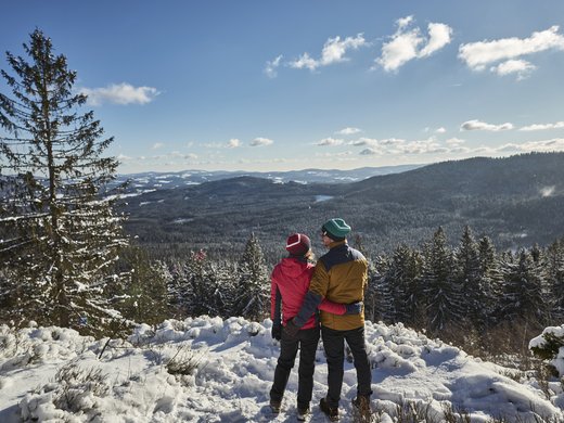 Langlaufen und Winterwandern: Bodenmais im Winter Zwei Wanderer genießen den Panoramablick vom Silberberg im Bayerischen Wald – Ausflugstipp nahe Wellnesshotel Hofbräuhaus Bodenmais